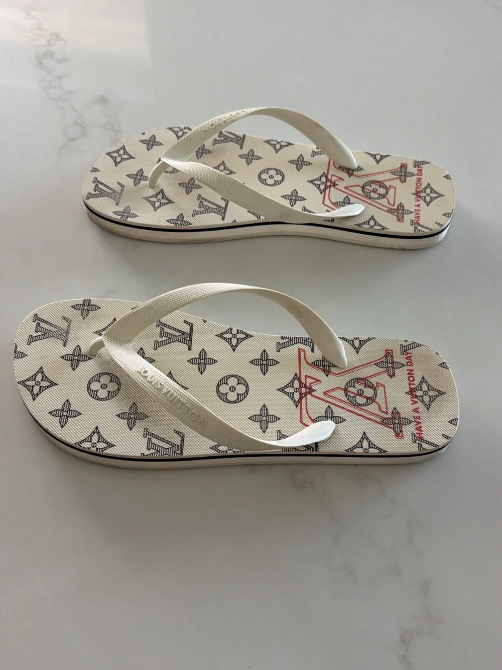 Louis Vuitton Cream and Black Monogram Thong Sandals